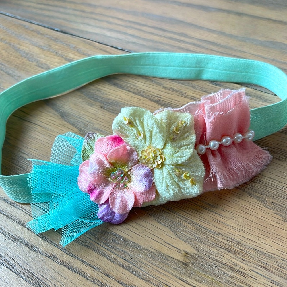Girls floral fairy stretch headband pearl tulle photography prop summer wedding
